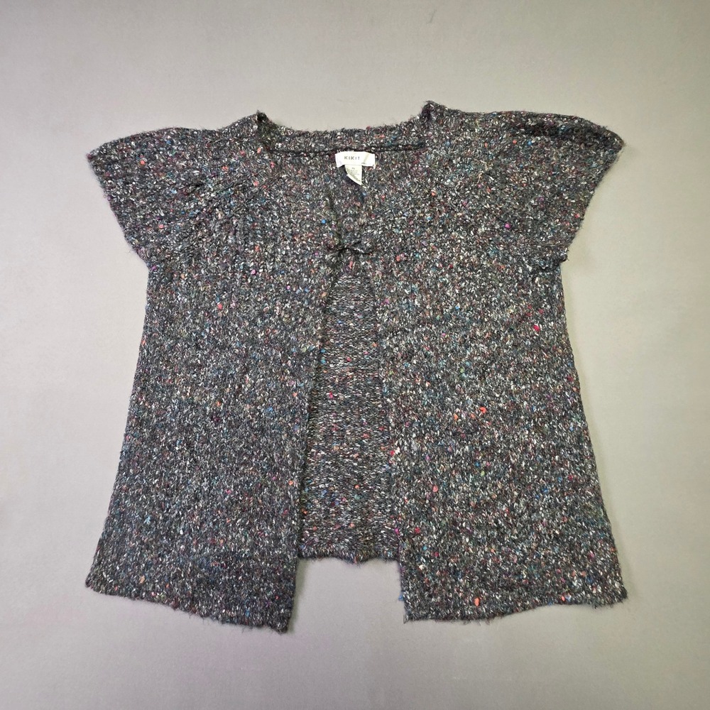 Kikit Knitwear Womens XL Confetti Flecked Short Sleeve Tie Front Cardigan Grey